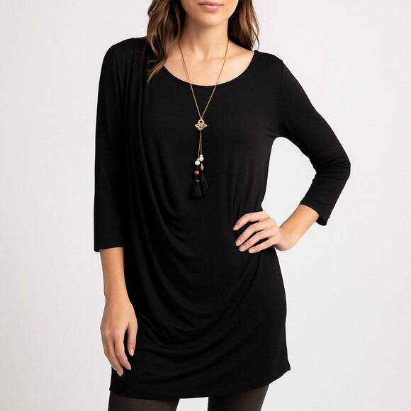 Daisy Fuentes NWT Womens L Black Draped 3/4 Sleeve Rayon Tunic Top Evening - Picture 1 of 16